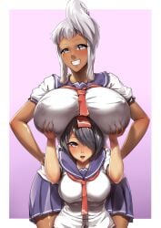 2girls akaza_chacha alternate_breast_size dark-skinned_female dat_ass female female_only huge_ass huge_breasts maken-ki! packge satou_kimi school_uniform voluptuous