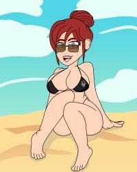 1female 1girl 1girls beach big_breasts bikini blue_eyes blush breasts brown-tinted_eyewear child_bearing_hips death_battle death_battle_logo feet female female_focus female_only hair_bun jocelyn_the_intern red_hair rooster_teeth smile solo solo_female solo_focus sunglasses thick_ass thick_thighs tinted_eyewear toes zerostarvevo