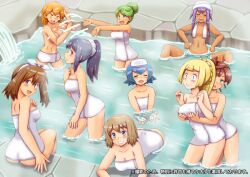 6+girls ass asymmetrical_hair blonde_hair blue_eyes blush breasts brown_hair chloe_(pokemon) creatures_(company) dark-skinned_female dawn_(pokemon) female female_only game_freak green_hair hair_down highres iris_(pokemon) kasumi_(pokemon) lana_(pokemon) legs lillie_(pokemon) long_hair mallow_(pokemon) may_(pokemon) multiple_girls navel nintendo nude onsen orange_hair pokemon pokemon_(anime) pokemon_(classic_anime) pokemon_bw_(anime) pokemon_dppt_(anime) pokemon_journeys pokemon_sm_(anime) ponytail purple_eyes serena_(pokemon) side_ponytail thighs tsumitani_daisuke yuri