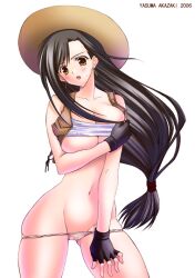 2006 akazaki_ysarutobi_asuma athletic athletic_female big_breasts black_hair breasts brown_eyes bursting_breasts busty cameltoe cleavage cowgirl cowgirl_outfit earrings female female_focus female_only final_fantasy final_fantasy_vii fingerless_gloves g-string hairless_pussy hourglass_figure large_breasts long_hair navel shaved_pussy standing tagme tifa_lockhart underboob wide_hips