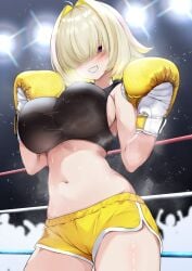 1girls ahoge artist_request belly belly_button big_breasts big_thighs black_sports_bra blush boxing boxing_gloves boxing_ring breasts curvy elegg_(nikke) female female_only fighting_ring fully_clothed gloves goddess_of_victory:_nikke grin hair_over_eyes light_skin looking_at_viewer midriff platinum_blonde_hair purple_eyes short_hair short_shorts shorts sideboob smile solo sports_bra sweat thick thick_hips thick_thighs thighs tight_clothing wide_hips xiahou_qiulan yellow_boxing_gloves yellow_gloves yellow_shorts