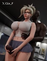 3d big_breasts big_dick big_penis black_male blizzard_entertainment blonde_hair cixf clothing crop_top dark-skinned_male glasses huge_breasts interracial looking_at_viewer mercy office office_clothing overwatch overwatch_2 thick_thighs thigh_sex thighs