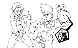 2boys black_and_white danganronpa danganronpa:_trigger_happy_havoc danganronpa_v3 kuwata_leon male male_only momota_kaito monochrome monokuma multiple_boys phone selfie straight_hair