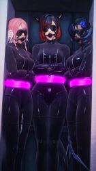 3girls au_ra ball_gag blindfold bondage captured final_fantasy final_fantasy_xiv gag harness_ball_gag harness_gag kisa_kha latex latex_suit miqo'te multiple_girls multiple_subs raen straitjacket xaela