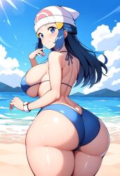 1girls ai_generated ass beach beach_background big_ass big_butt bikini bikini_bottom bikini_top blue_eyes blue_hair blush blushing_at_partner blushing_at_viewer breasts curvy curvy_female curvy_figure dat_ass dawn_(pokemon) female female_focus female_only hat human long_hair looking_at_partner looking_back_at_viewer nipples ocean plump_ass pokemon pokemon_dppt sideboob sky solo_female stable_diffusion sweat sweating sweating_profusely thedawn_hikari voluptuous watch wide_hips wide_thighs wristwatch