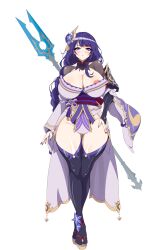 areola_slip areolae big_breasts breasts curvaceous curves curvy curvy_body curvy_female curvy_figure genshin_impact hair_ornament hips huge_breasts japanese_clothes japanese_clothing japanese_sandals kimono legs oguwooo polearm purple_eyes purple_hair raiden_shogun thick_legs thick_thighs thigh_highs thighhighs thighs weapon white_background wide_hips