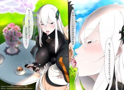 1boy 1girls bodily_fluids cup_of_tea echidna_(re:zero) grey_hair handjob licking_ear milking natsuki_subaru outdoor outdoors re:zero_kara_hajimeru_isekai_seikatsu shoujo_donburi tea text tongue tongue_out