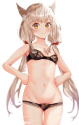 1girls black_bra black_lingerie black_panties bra breasts cat_ears catgirl core_crystal facial_markings female grey_hair hair_ribbon hand_on_hip lace-trimmed_bra lace-trimmed_panties lingerie looking_at_viewer midriff navel nia nia_(blade) nintendo panties small_breasts twintails vanssey xenoblade_(series) xenoblade_chronicles_2 yellow_eyes