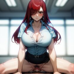 ai_generated cleavage determined erza_scarlet eye_contact fairy_tail office office_lady open_shirt partial_male payop skirt straddling vaginal_sex