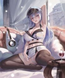 1girls akame_ga_kill! bed blue_eyes blue_hair breasts cityscape crop_top esdeath_(akame_ga_kill!) hat large_breasts long_hair looking_at_viewer midriff military_hat military_uniform navel nekobell_(amairoreki) on_bed panties pillow reclining shackles skirt thighhighs whip white_crop_top white_panties white_skirt wine_glass