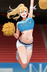 1girls arm_strap belt blonde_hair blue_crop_top blue_eyes breasts cheerleader cheerleader_uniform claire_lamund_(nhaliz) crop_top female jumping large_breasts looking_at_viewer midriff mole_above_eye navel nhaliz original pom_pom_(cheerleading) pom_poms ponytail short_shorts shorts tennis_shoes white_shorts