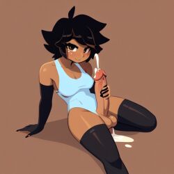 1futa ai_generated aifutalover bikini bikini_top black_hair bottomless cum_drip elbow_gloves futanari gynomorph looking_at_viewer lowres masturbating masturbation smile tan_body thighhighs touching_penis