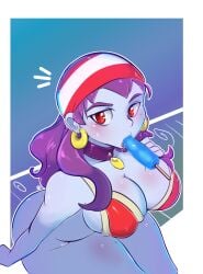 1girls bandana bikini breasts choker earrings female geeflakes large_breasts long_hair looking_at_viewer popsicle popsicle_in_mouth purple_hair red_bikini red_eyes risky_boots shantae solo solo_female