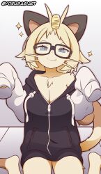 big_breasts blonde_hair blue_eyes breasts cat_ears cat_tail catgirl female glasses meowth pokémon_(species) pokemon tagme thighs transformation yorusagi