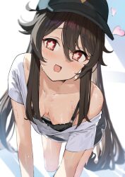 all_fours bare_shoulders baseball_cap black_bra blush bra breasts brown_hair casual cleavage collarbone down_blouse genshin_impact heart hi_res hu_tao_(genshin_impact) looking_at_viewer off_shoulder open_mouth pov red_eyes shirt shorts small_breasts sweat sweaty twintails white_shirt xkirara39x