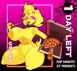 animatronic anthro avian bird blonde_hair chica_(cally3d) chica_(fnaf) chicken chiku clothing female five_nights_at_freddy's food fredina's_nightclub galliform gallus_(genus) genitals hair machine nipples nude phasianid pink_eyes pizza pizza_box pussy robot scottgames solo solo_focus stormkinght tongue tongue_out yellow_body