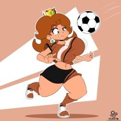 1girls 5_fingers belly_button big_breasts big_thighs blue_eyes boobs bouncing_breasts breasts brown_hair crown cuadra_side earrings female femsub flower_earrings football fully_clothed huge_breasts huge_thighs imminent_pain large_breasts large_thighs light-skinned_female light_skin mario_(series) mario_strikers navel navel_piercing nintendo princess princess_daisy raised_eyebrow royalty shirt shoes shorts shoulder_length_hair sideboob simple_background soccer soccer_ball soccer_uniform socks surprised surprised_expression thick thick_hips thick_thighs tits wide_hips