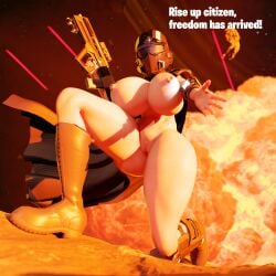 1girl 1girls abs armor ass big_breasts big_nipples breasts breasts_bigger_than_head cape ctgiantess explosion female functionally_nude gun helldiver_(helldivers) helldivers helldivers_2 helmet helmet_covering_face hi_res huge_ass huge_breasts kneeling looking_at_viewer masked masked_female nude offering_to_viewer partially_clothed pussy shooting text text_bubble thick_ass thick_thighs weapon