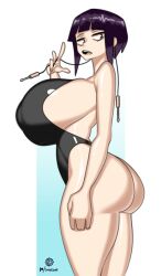 1girls ass ass_out breasts female female_only huge_breasts kyoka_jiro looking_down my_hero_academia nipple_bulge onaeane plump puffy_nipples purple_hair short_hair side_view sideboob sole_female swimsuit tight_clothing top_heavy voluptuous