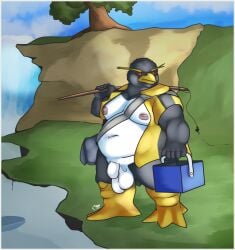 animal_crossing anthro anthro_only avian balls belly big_balls bird bottomless box clothed clothing container crested_penguin fishing_rod flaccid foreskin frown fupa genitals hi_res hopper_(animal_crossing) humanoid_genitalia humanoid_penis jacket jacket_only krowbutt lake looking_away male moobs navel nintendo nipples open_clothing open_jacket open_topwear outside overweight overweight_anthro overweight_male penguin penis plant rockhopper_penguin saggy_balls satchel solo standing topwear tree water waterfall