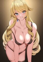 1girls arm_support bare_arms bare_midriff bare_shoulders bare_thighs belly belly_button black_background black_bra black_panties black_underwear blonde_female blonde_hair blonde_hair_female blue_earrings blue_eyes blue_eyes_female blush blush blush_lines bra breasts breasts cleavage collarbone dot_nose earrings eyebrows eyebrows_visible_through_hair female female_focus female_only genshin_impact hair_between_eyes haneramu hanging_breasts head_tilt high_resolution highres legs light-skinned_female light_skin lips long_hair looking_at_viewer loose_bra medium_breasts naked naked_female navel navia_(genshin_impact) neck nude nude_female open_mouth panties shoulders simple_background smile smiling smiling_at_viewer solo sweat sweatdrop sweating swirly_hair thick_thighs thighs tilted_head underwear upper_body v-line wavy_hair yellow_background