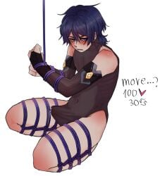 1boy blue_eyes blue_hair blush erection erection_under_clothes erection_under_clothing filthierskunk genshin_impact legs_tied precum precum_drip rope rope_bondage scaramouche_(genshin_impact) solo solo_focus solo_male tied_arms tied_hands tied_up