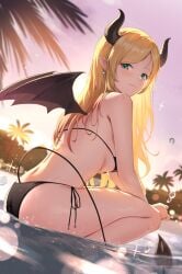 1girls arms bare_shoulders black_bikini blonde_hair boobs breasts clothed clothing covered_breasts covered_nipples demon_girl demon_horns demon_tail digital_drawing_(artwork) female female_focus female_only green_eyes hair hips hololive hololive_gen_2 hololive_japan image large_breasts legs legs_together light_skin long_hair looking_at_viewer open_eyes outside side-tie_bikini smile solo succubus swimsuit thighs tits tokisaka_makoto virtual_youtuber waist wet wings yuzuki_choco