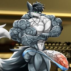 1boy abs anthro artist_name beefy biceps big_muscles big_penis black_body black_hair body_fur bulge canine clothed clothing erection flexing fluffy_tail fox genitals green_eyes grey_body grey_fur gym hi_res huge_biceps huge_cock huge_muscles humanoid_penis hyper hyper_genitalia hyper_muscles hyper_penis jewelry looking_at_viewer male male_only male_thong mammal multicolored_body multicolored_fur muscles muscular_male necklace partially_clothed pecs penis penis_out pose smile solo stretched_clothing taiko-sihori tail thick_thighs two_tone_body two_tone_fur underwear vein veiny_arms veiny_muscles veiny_penis