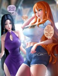 2girls bare_arms bare_legs bare_shoulders bare_thighs big_breasts black_hair blue_eyes blush boa_hancock clothed clothing color comic english_text female female_focus female_only hi_res jean_shorts jeans jewelry large_breasts light-skinned_female light_skin long_hair looking_at_viewer multiple_girls nami nami_(one_piece) one_piece orange_eyes orange_hair post-timeskip sakimichan shirt shorts shounen_jump solo_female tagme text text_bubble thick_thighs