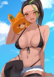 1girls absurdres alternate_costume arm_support arm_up bare_arms bare_chest bare_midriff bare_shoulders belly belly_button bikini black_bikini black_bikini_bottom black_bikini_top black_hair black_swimsuit black_swimwear blue_shorts blue_sky blush breasts breasts_apart cleavage cloud clouds collarbone commentary_request creatures_(company) cutoffs dark-skinned_female dark_skin day female foreshortening freckles front-tie_bikini_top front-tie_top game_freak green_hair hand_up haneramu highleg highleg_bikini highres human jean_shorts knee_up large_breasts looking_at_viewer meme multicolored_hair navel nemona_(pokemon) nintendo oh!_pamo-san_(meme) on_shoulder open_fly open_mouth orange_eyes orange_eyes_female outdoors pawmi pokemon pokemon_(species) pokemon_on_shoulder pokemon_sv ponytail revision short_shorts shorts sitting skindentation sky smile smiling stomach streaked_hair sweaty sweaty_belly sweaty_body sweaty_breasts sweaty_face swimsuit teeth thighhighs thighs upper_teeth upper_teeth_only wet