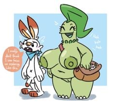 1boy 1girls anthro breasts chikorita dinosaur embarrassed female furry junkbag nude penis pokémon_(species) pokemon pokemon_(species) pussy scalie scorbunny tagme