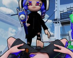 1boy 1girls boot_fetish boots bulge dubious_consent female foot_fetish footjob_over_clothes fossil3d headgear ink inkling_boy male octoling_girl ripped_clothing ripped_pants shoe_fetish shoes shoes_removed shorts smile smiling_at_viewer splatoon splatoon_3 stepped_on tagme