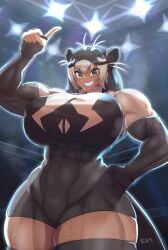 1girls abs biceps big_breasts breasts female female_only giant_otter_(kemono_friends) huge_breasts kemono_friends looking_at_viewer muscular muscular_arms muscular_female naochi smile solo thick_thighs thighhighs