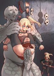 1boy 2girls absurdres armor barefoot blonde_hair blue_eyes blush breasts cave colored_skin drawing_sword ebonyxh elf feet flat_chest full_nelson grey_skin heavy_breathing highres holding holding_sword holding_weapon large_penis leather_armor long_hair multiple_girls nipples nude ogre open_mouth original penis pointy_ears pubic_hair pussy rape reverse_suspended_congress sex sex_from_behind side_ponytail skull soles spread_legs standing standing_sex stirrup_legwear stomach_bulge straight sweat sword testicles thighhighs toeless_legwear toes tongue tongue_out ugly_bastard upright_straddle vaginal_penetration weapon