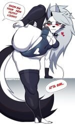 1girls belly breasts cleavage desertkaiju female female_focus female_only furry grey_fur helluva_boss leg_up loona_(helluva_boss) solo solo_female solo_focus thick_thighs thighs vivienne_medrano white_fur wolf wolf_girl