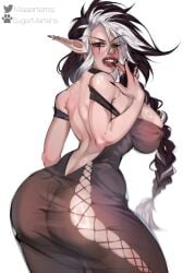 1girls ass big_breasts black_hair braid dress ear_piercing elf elf_ears elf_female female female_only green_eyes hands_on_hips heterochromia hi_res long_dress long_hair looking_at_viewer maaartens narrowed_eyes red_eyes sharp_fingernails solo thick_ass thick_thighs two_tone_hair white_hair zoelie_(sasha_khmel)