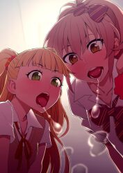 2girls blush eyebrows_visible_through_hair idolmaster idolmaster_cinderella_girls jougasaki_mika jougasaki_rika multiple_girls open_mouth ribbon saliva striped_ribbon tkhs tongue