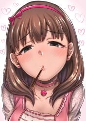 1girls absurdres alternate_version_available blue_eyes blush blush_lines blushing breasts brown_hair eyebrows_visible_through_hair eyes_half_open female fully_clothed hairband heart heart-shaped_pupils hearts_around_head highres i_am_homeko idolmaster idolmaster_cinderella_girls incoming_kiss long_hair looking_at_viewer looking_up medium_breasts pink_hairband pink_ribbon pocky pov ribbon sakuma_mayu simple_background solo symbol-shaped_pupils