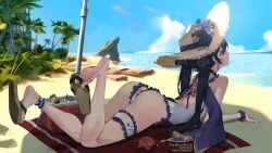 ass astrologer barefoot beach beach_hat big_ass big_butt feet genshin_impact laying_down laying_on_stomach mona_(genshin_impact) shoulders sydus thick witch