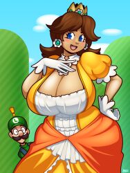 big_breasts blazbaros blue_eyes breasts brunette brunette_hair cleavage crown dress earrings female gloves huge_breasts luigi male mario_(series) outdoors princess_daisy super_mario_bros. super_smash_bros. yellow_dress