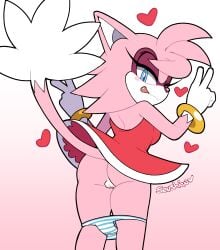 2024 absurd_res amy_rose_(cosplay) anthro ass bottomless clothed clothing domestic_cat double_v_sign dress felid feline felis female fur genitals gesture hand_gesture heart_symbol hi_res looking_at_viewer looking_back looking_back_at_viewer mammal multicolored_body multicolored_fur panties panties_down partially_clothed pink_body pink_fur pussy sensh_the_cat senshion simple_background smile smiling_at_viewer solo sonic_(series) sonic_the_hedgehog_(series) tongue tongue_out two_tone_body two_tone_fur underwear underwear_down v_sign white_body white_fur