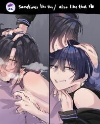 1boy1girl blue_hair blush drooling genshin_impact gripping_sheets half-closed_eyes hand_on_hair hand_on_head implied_sex meme mona_(genshin_impact) necktie_iv14 open_mouth purple_hair scaramouche_(genshin_impact) sometimes_like_this_also_like_that straight