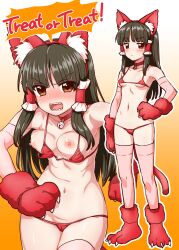 1girl angry animal_ear_fluff animal_ears animal_hands bell bikini black_hair blush breasts brown_eyes cameltoe cat_ears cat_tail choker closed_mouth english_text fewer_digits gloves gradient_background hair_tubes hakurei_reimu halloween halloween_costume hand_on_own_hip highres itou_yuuji jingle_bell long_hair looking_at_viewer medium_breasts micro_bikini multiple_views navel neck_bell nipples open_mouth orange_background outline paw_gloves paw_shoes red_bikini red_choker reimu_hakurei shoes swimsuit tagme tail touhou trick_or_treat white_outline