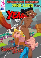 1boy 2girls african american_dragon:_jake_long blonde_hair caucasian comic_cover cover cum cum_in_pussy dark-skinned_female dark_skin dildo disney disney_channel dragon female fucktoontv heels jake_long male melanin naked partial_male penis rose_(huntsgirl) trixie_carter