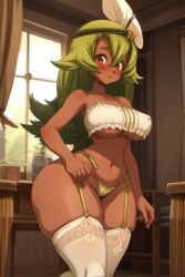 1girls 2d ai ai_generated amalia breedable brown_eyes curvy curvy_female curvy_figure dark-skinned_female dofus female female_only flushed gather_straps green_hair large_breasts lingerie panties princess_amalia_sheran_sharm room sadida solo wakfu wide_hips