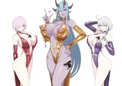 3girls aqua_hair branding_mark breasts dress fate/grand_order fate_(series) female flat_colors hair_over_one_eye huge_breasts ibuki_douji_(fate) jeanne_alter ky. light-skinned_female light_skin long_hair mash_kyrielight multiple_girls naughty_face pink_eyes pink_hair simple_background white_hair