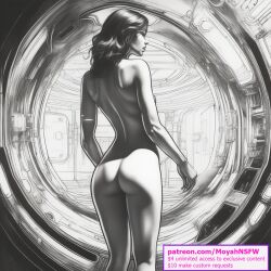 1girls ai_generated ass black_and_white dark_hair female hourglass_figure light-skinned_female light_skin long_legs looking_away naked_female nude original original_character patreon_username petite petite_female pinup sci-fi science_fiction slim_waist solo space spaceship starship straight thighs wide_hips