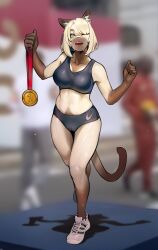 big_breasts breasts cameltoe clothed feline_humanoid female green_eyes holding_object janjin192 medal medallion moka_(see_is_see) one_eye_closed public shoes short_hair sweating tagme