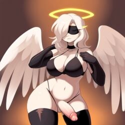 1futa ai_generated aifutalover angel angel_wings bikini bikini_top bottomless covered_eyes elbow_gloves futanari gynomorph halo looking_at_viewer lowres thighhighs white_hair white_skin