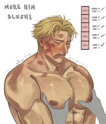 abs artist_challenge bara big_areola big_chest blonde_hair blush hairy_chest hairy_male jujutsu_kaisen kento_nanami lipstick_mark lipstick_mark_on_face lipstick_marks male_only muscular_male narutoss.ramen one_eye_closed shirtless squeezing_breast white_background